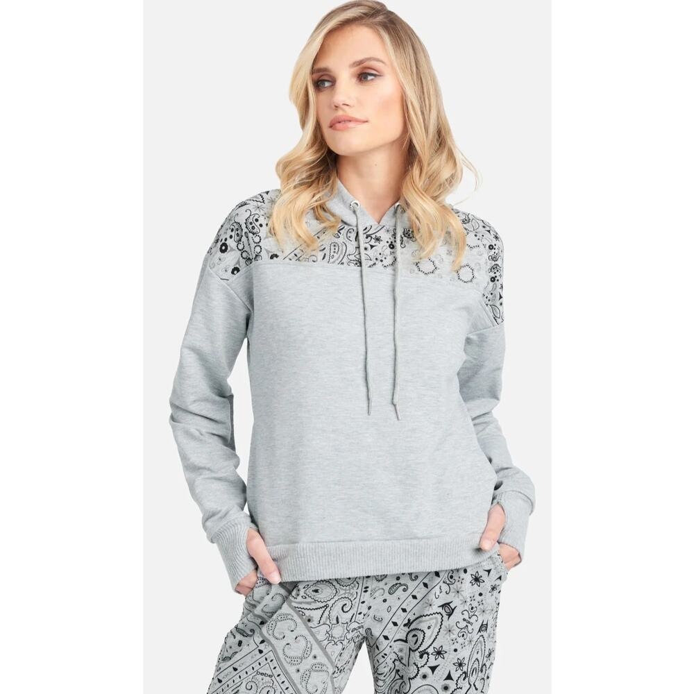 Bebe Sport‎ Heather Gray Bandana Paisley Print Pullover Hoodie Sweatshirt
